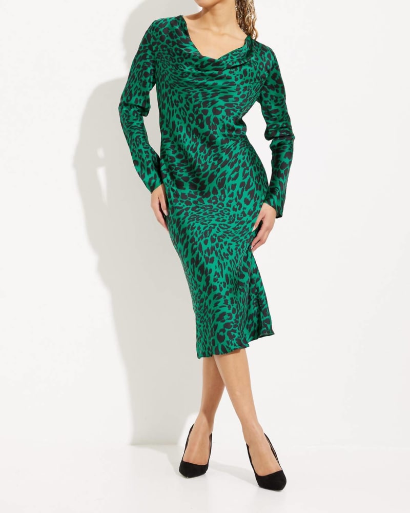 Front of a model wearing a size 10 Leopard Print Sheath Dress In Black/Green/Multi in Black/Green/Multi by Joseph Ribkoff. | dia_product_style_image_id:344765